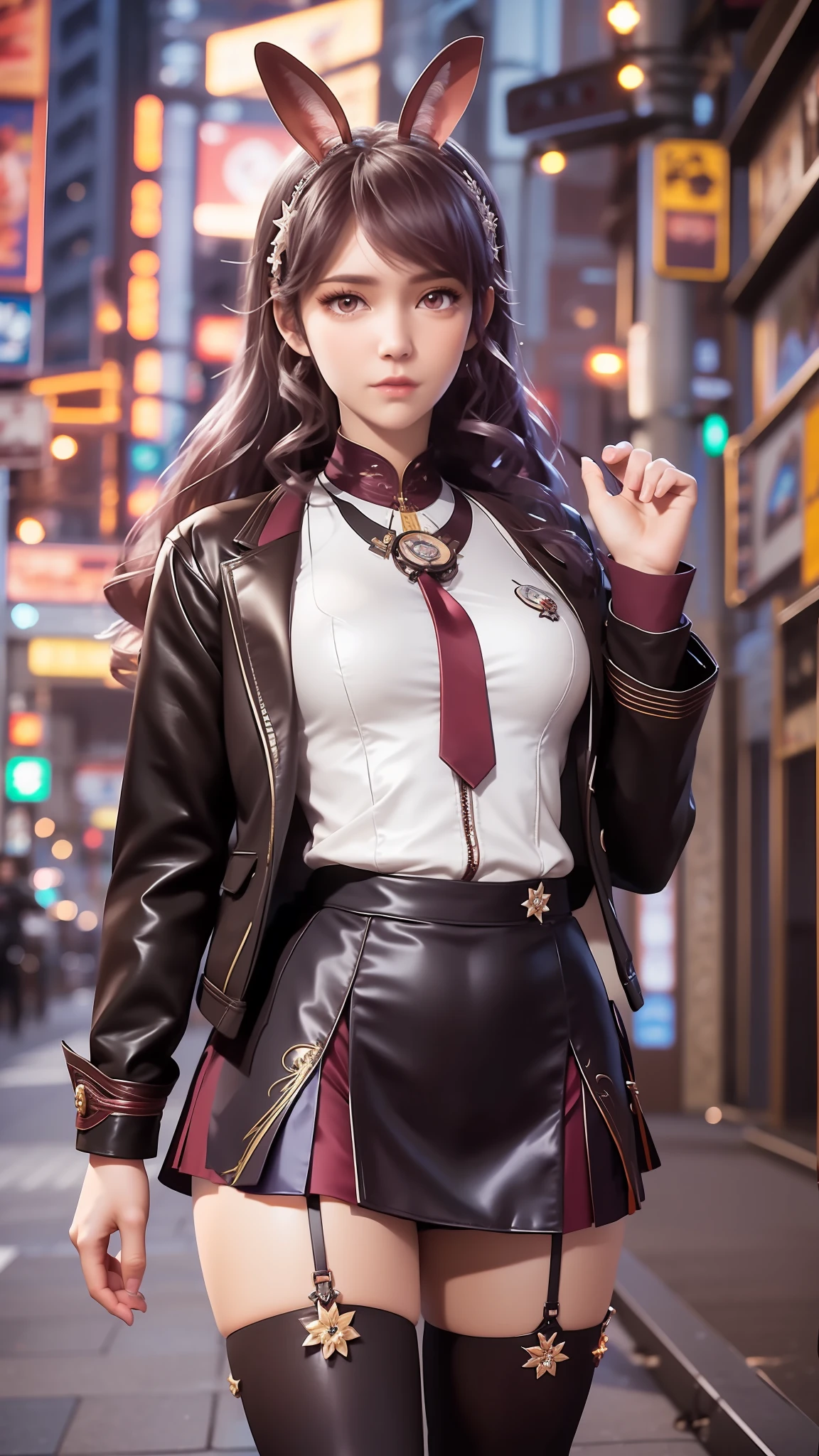 there is a woman in a skirt and a jacket posing for a picture, Surrealism female students, Surrealism female students, Realistic schoolgirl, thighhighs and skirt, photorealistic anime girl rendering, 3 d anime realistic, Smooth anime CG art, photorealistic full body, Photorealistic anime, Realistic anime 3 D style, photorealistic perfect body, wearing skirt and high socks