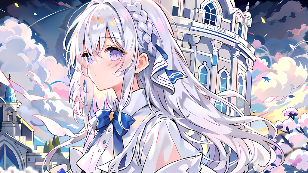 Anime girl with long white hair and blue bow in front of castle, Girl with white hair, white haired Cangcang, white-haired god, Perfect white haired girl, zerochan art, White-haired, a beautiful anime portrait, clean and meticulous anime art, Soft anime illustration, style of anime4 K, Guweiz in Pixiv ArtStation, Anime art wallpaper 4 K