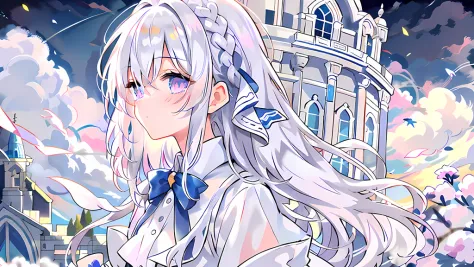 Anime girl with long white hair and blue bow in front of castle, Girl with white hair, white haired Cangcang, white-haired god, ...