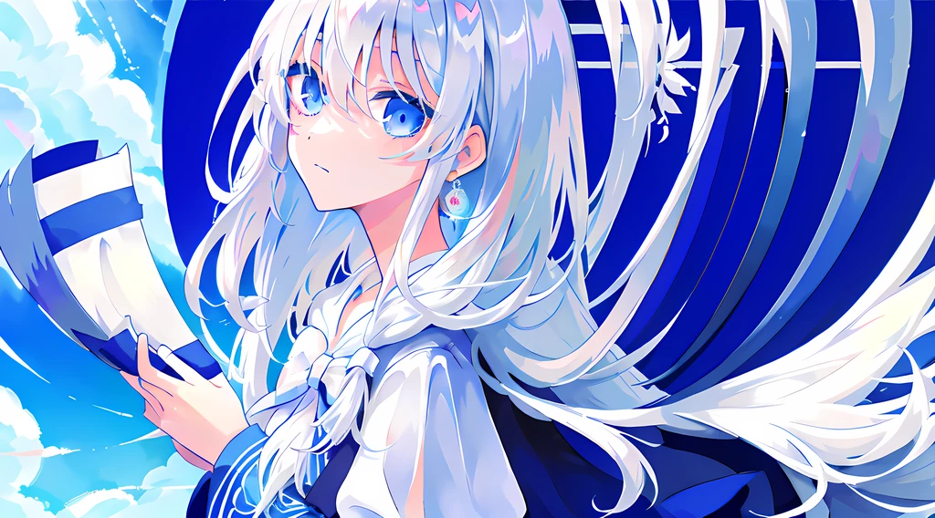 Anime girl with long white hair and blue bow in front of castle, Girl with white hair, white haired Cangcang, white-haired god, Perfect white haired girl, zerochan art, a beautiful anime portrait, clean and meticulous anime art, Soft anime illustration, style of anime4 K,, Anime art wallpaper 4 K