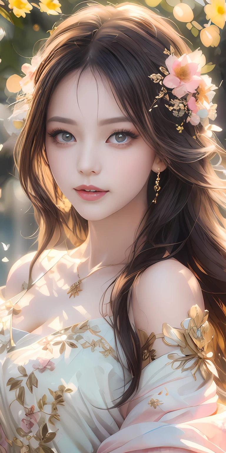 best qualtiy，tmasterpiece，A high resolution，1girll，Dingdall effect，realisticlying，edge lit，twotonelighting，（highdetailskin：1.2），8K  UHD，Pure，Sweet，Flower background，Colorful background，Based on physical rendering，Perfect light and shadow，extreme hight detail，Pink tones，Eye reflections，Raised sexy，perfect bodies，Superb beauty，largeeyes，long eyelasher，Delicate eyes，large shiny eyes，Subtle pupillary reflex，Shoulder and neck details，The pupil texture is delicate，Perfect eyes，Black pupils，best qualtiy，tmasterpiece，16k，A picture，head portrait，Bigchest，longer sleeves，Take care of your chest，Large breasts，Delicate avatar