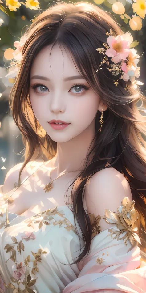 best qualtiy，tmasterpiece，A high resolution，1girll，Dingdall effect，realisticlying，edge lit，twotonelighting，（highdetailskin：1.2），8K  UHD，Pure，Sweet，Flower background，Colorful background，Based on physical rendering，Perfect light and shadow，extreme hight deta...