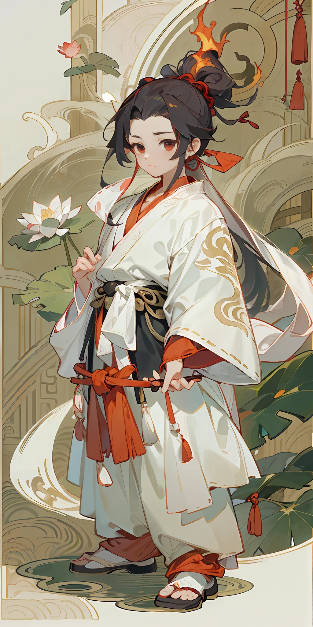 A boy in a white hanfu holds a Red scarf, a boy, a poster inspired by Guan Daosheng. Nezha, the upper garment has no sleeves, the front part leaks out the collarbone, the back part leaks out, the bare ankles are tied with red fine cloth strips, lotus elements, lotus leaf elements, fire elements, shorts, the temples have long hair, the head has two ball shaped hair tied with red ropes, boy, boy