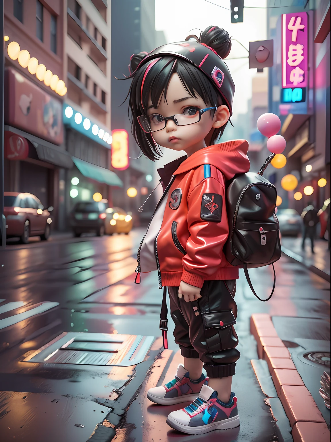 3D-Spielzeug, 3D-Rendering, IP-Adresse, cyberpunk style, chibi, Süßer kleiner Junge, Maske, einfacher Hintergrund, beste Qualität, c4d, blender, 3D-Modell, Spielzeuge, lebendige Farben, Streetstyle, hohe Auflösung, viele Details, Pixar, Süssigkeiten Farben, Große Schuhe, Modetrends, Kunst