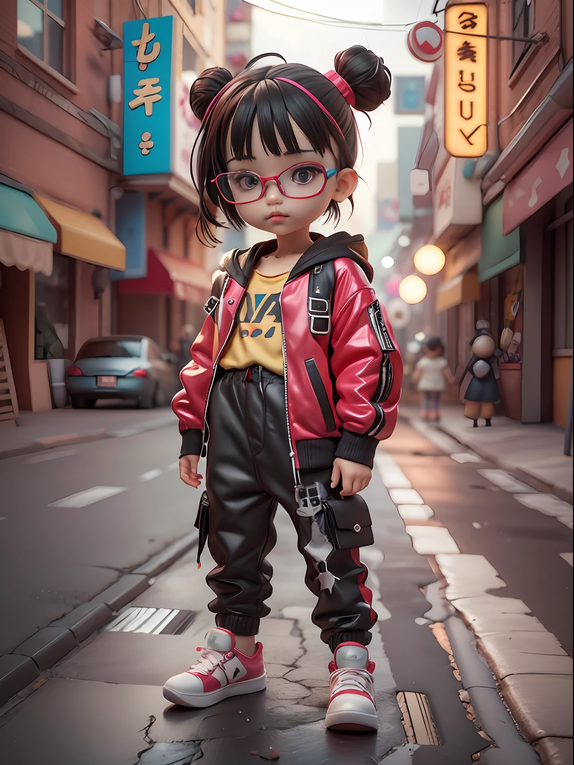 jouet 3D, Rendu 3D, PI, style cyberpunk, chibi, Mignon petit garçon, masque, fond simple, Meilleure qualité, c4d, mixeur, modèle 3D, jouets, Couleurs vives, style de rue, haute résolution, beaucoup de détails, Pixar, couleurs de bonbons, Grandes chaussures, tendances de la mode, art