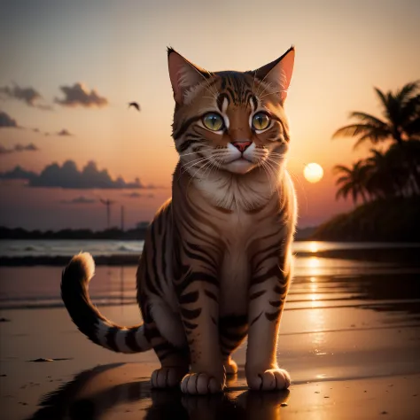 Gato com fone de ouvido ao por do sol