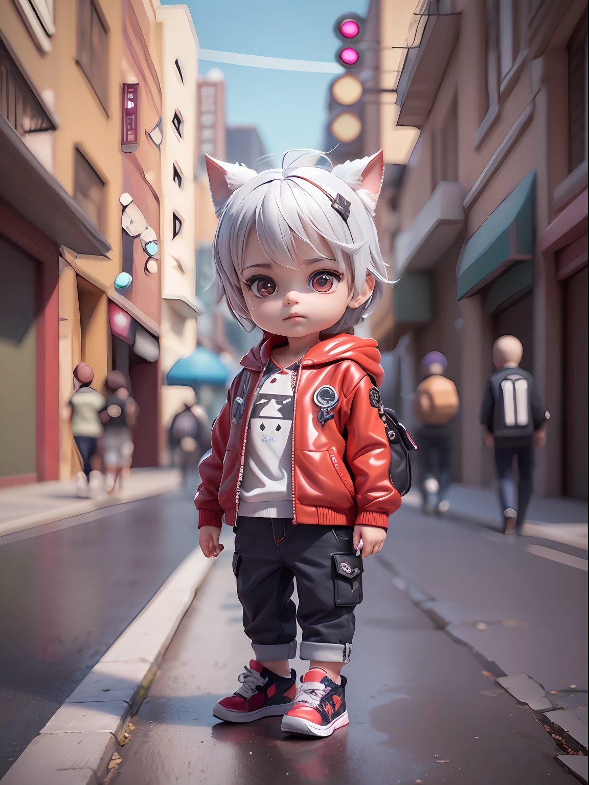 3d toy, Representación 3D, IP, estilo ciberpunk, chibi, Niño lindo, Mascarilla, fondo sencillo, mejor calidad, c4d, licuadora, 3D MODEL, juguetes, colores vívidos, estilo callejero, alta resolución, muchos detalles, pixar, Colores dulces, zapatos grandes, tendencias de la moda, arte