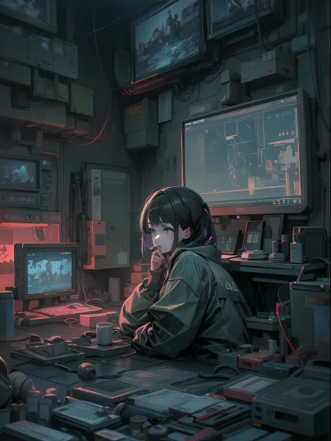 An anime scene where a woman sits at a table with a lot of electronics, Digital cyberpunk anime art, digitl cyberpunk - anime ar...