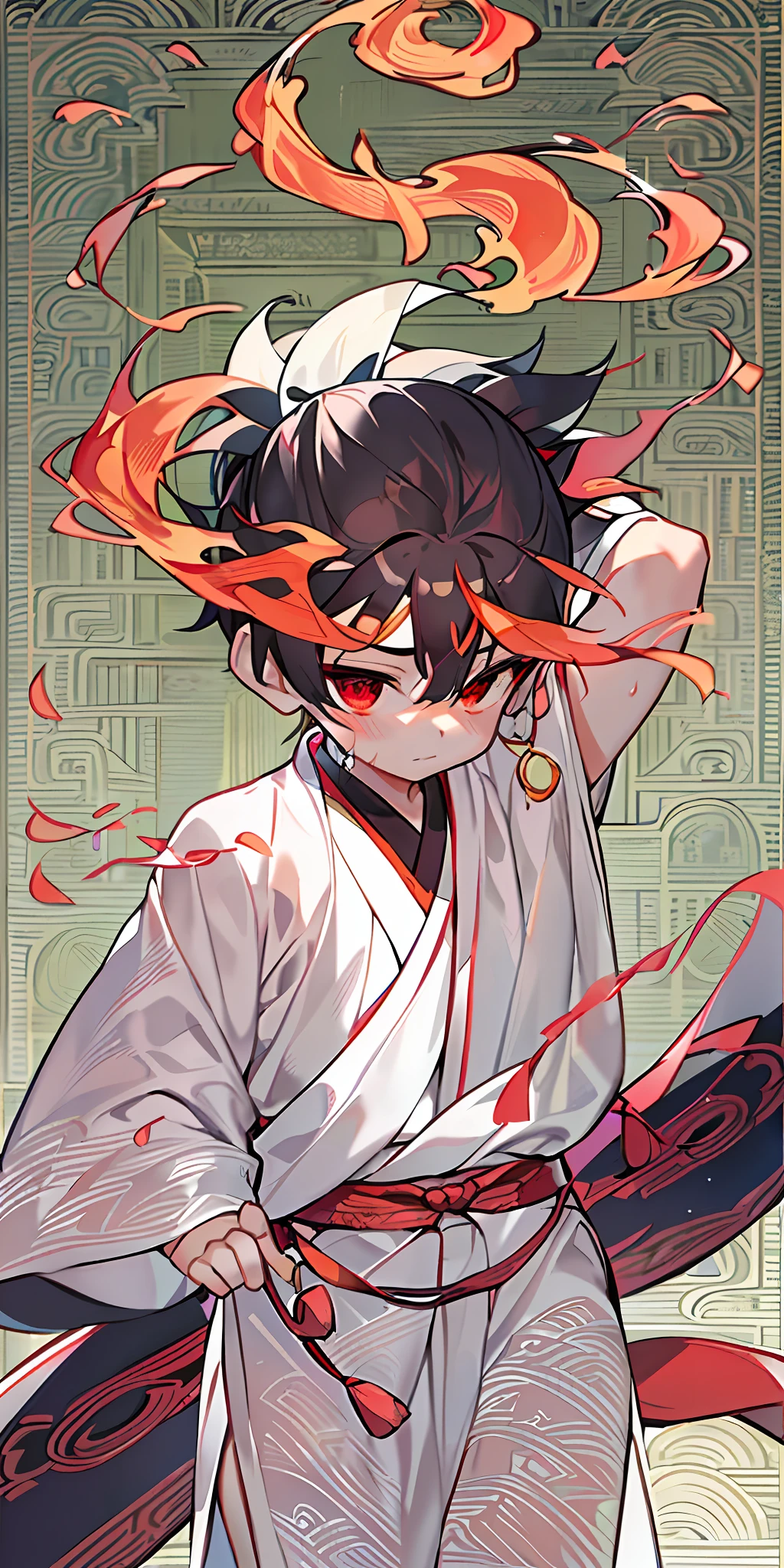 A boy in a white hanfu was holding a Red scarf. The boy had a red flame pattern in the middle of his forehead (red rhyme at the corners of his eyes), which had Chinese Taoist elements and Buddhist elements. Nezha, the upper garment had no sleeves, the front of which leaked out the collarbone, the back of which leaked out, (red thin cloth strips were tied on his bare ankles), lotus elements, lotus leaf elements, shorts, (there were two ball shaped hair tied with red ropes on the hair at the temples), (Six year old boy), boy, full body camera, (clothes leaking from the back)