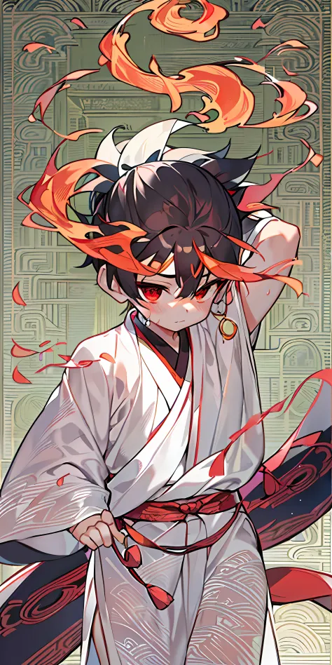 A boy in a white hanfu was holding a Red scarf. The boy had a red flame pattern in the middle of his forehead (red rhyme at the ...