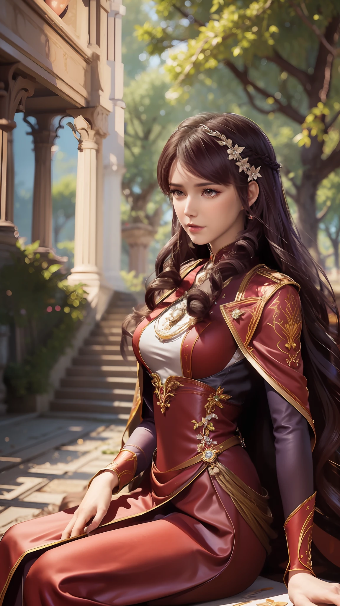 The Araved woman in a red dress sits on a red bench by the water, wearing gilded red robes, lady in red armor, inspired by Magali Villeneuve, wearing gilded red royal robes, Gorgeous Role Play, scarlet witch costume, wearing red sorcerer's robes, Red robe, aly fell and artgerm, graphic artist magali villeneuve