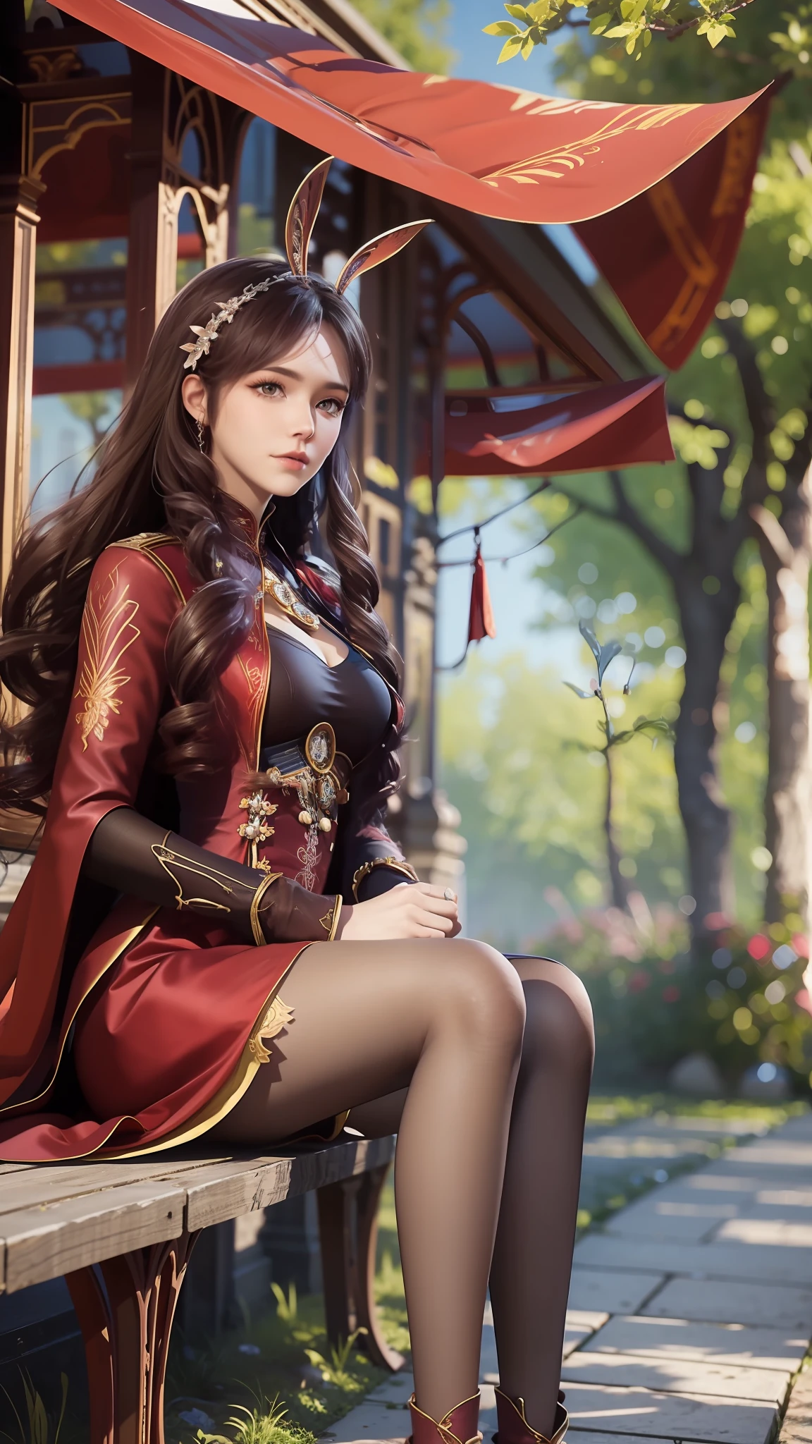 The Araved woman in a red dress sits on a red bench by the water, a photorealistic painting inspired by Magali Villeneuve, cgsociety contest winner, Fantasy art, wearing gilded red robes, lady in red armor, wearing gilded red royal robes, Gorgeous Role Play, scarlet witch costume, wearing red sorcerer's robes, Red robe, aly fell and artgerm