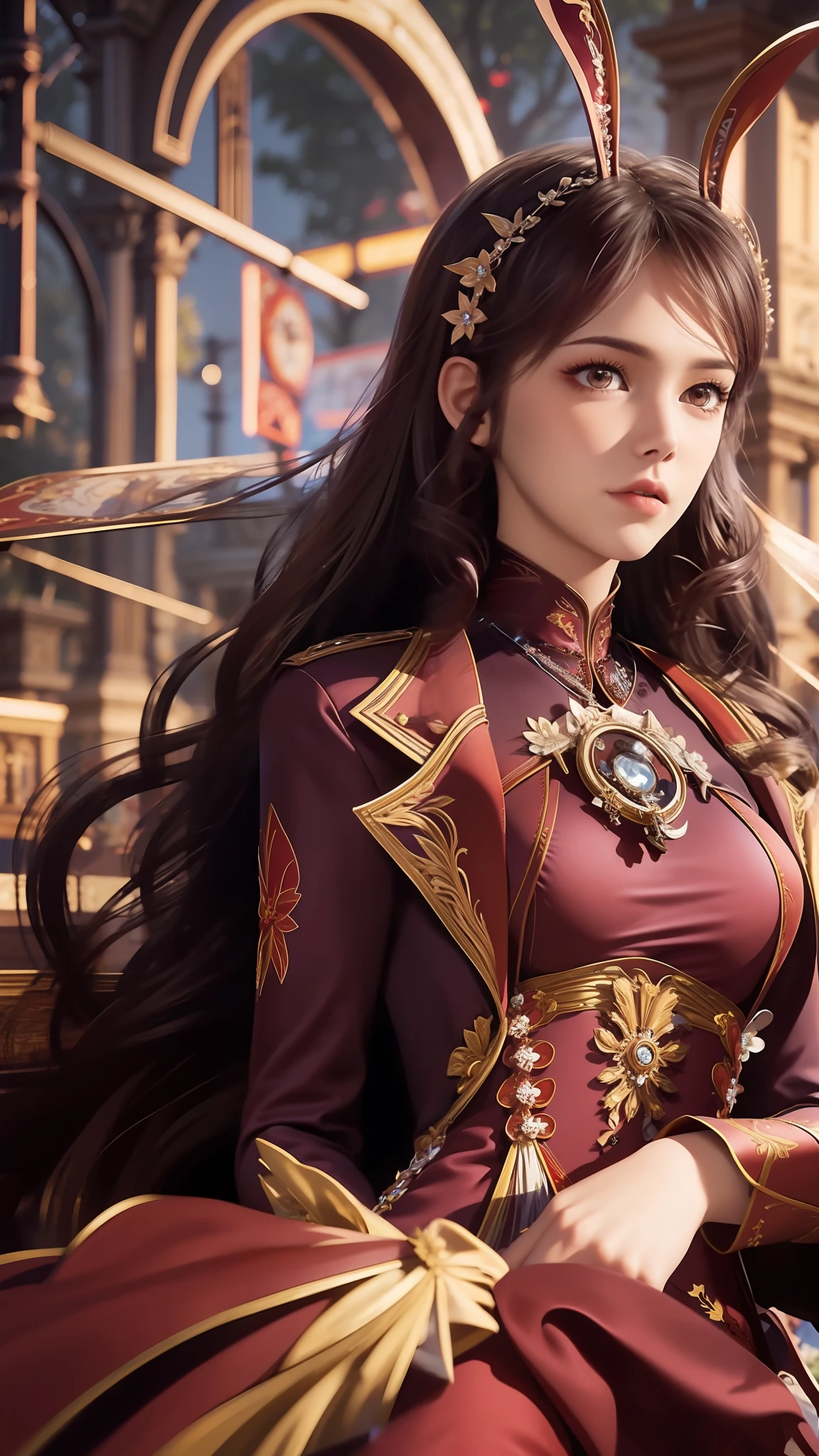 身穿红色连衣裙的阿拉维德女子坐在水边的红色长椅上, 受 Magali Villeneuve 启发的一幅照片写实画作, cgsociety 竞赛获胜者, 幻想艺术, 身穿金红长袍, 身穿红色铠甲的女士, 身穿金红色皇袍, 华丽的角色扮演, 猩红女巫服装, 穿着红色魔法师的长袍, 红袍, Aly Fell 和 Artgerm