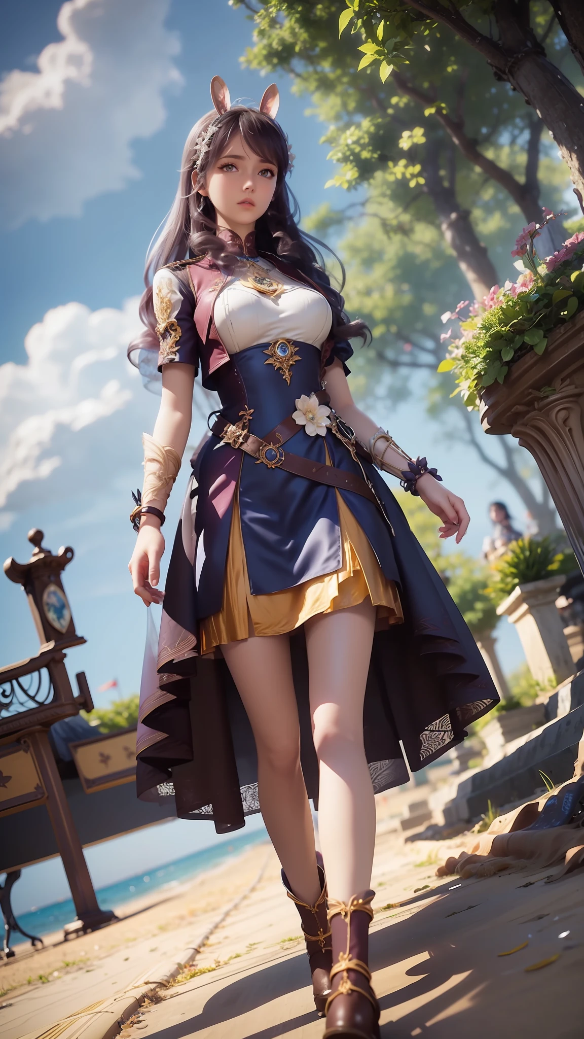 Mujer de Arad con vestido azul y camisa blanca caminando por la playa, Inspirado en la representación 3D de Sesson, Tendencia de la sociedad CG, Arte De Fantasía, Representación fotorrealista de chica anime, render de una linda chica anime 3d, Arte de personajes de renderizado 3D 8 K, representación de fantasía realista, traje de fantasía, disfraz con detalles en azul, Usar ropa de fantasía