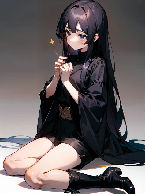tmasterpiece，A high resolution，one-girl，dimly lit，black long hair，Manteau，black shirt，Black eyes，Look ahead，Empty eyes，Sluggish，sat on the ground，simplebackground，Wide sleeves，The hand is in the sleeve，hidden hands，shorts，leg ring，Black boots