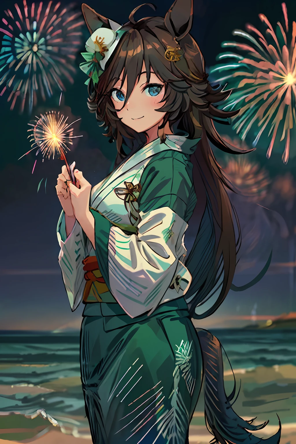 ​masterpiece、top-quality、Mrs. Seabee、Umamusume、1girl in、brown haired、Blue eyes、Marl、((Green yukata:1.4))、 ((Patterned yukata, Geta), Gentle smile, Holding nothing in the hands、((Fireworks in the night sky)), ((fireworks at background)), 、modest tail、sand beach、sea side