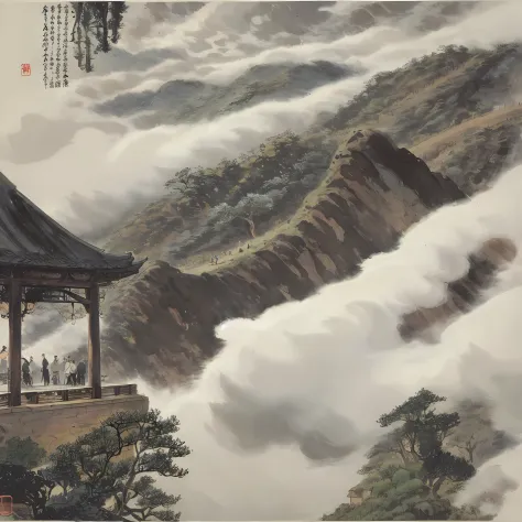 The artistic conception of ancient poetry，song dynasty，mont，scenecy，Skysky，The tree，pines，​​clouds，Song painting，landscape painting，Ancient figures，waterfallr，pavilion，人物，People walk under trees，Chen Shaomei，zhang daqian，A majestic，glorious，There is moment...
