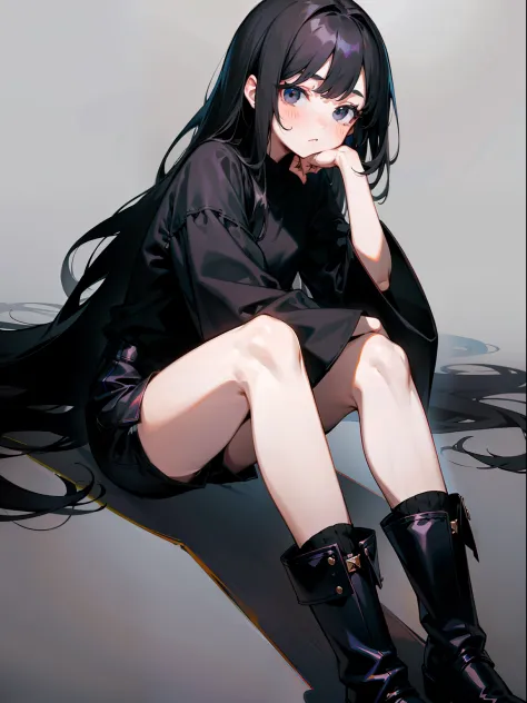 tmasterpiece，A high resolution，one-girl，dimly lit，black long hair，Manteau，black shirt，Black eyes，Look ahead，Empty eyes，Sluggish，sat on the ground，simplebackground，Wide sleeves，The hand is in the sleeve，hidden hands，shorts，leg ring，Black boots