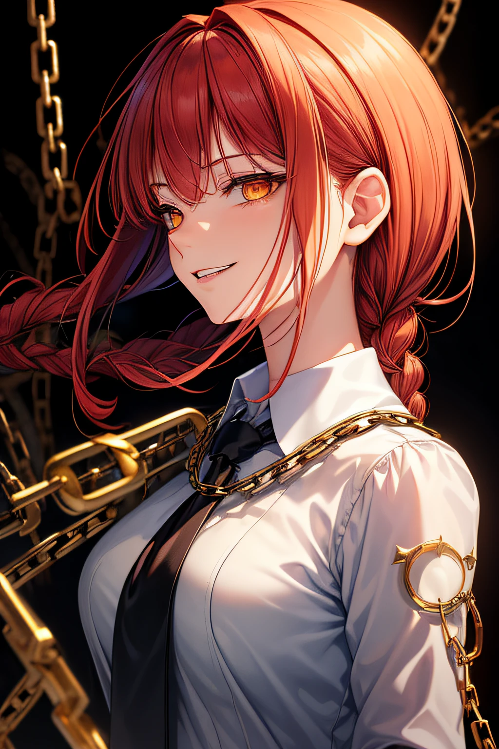 (masterpiece, best quality:1.2), makima, side view, ultra detailed, 1girl, solo, standing, red hair, long braided hair, golden eyes, bangs, medium breasts, white shirt, necktie, stare, smile, (evil:1.2), looking at viewer, (interview:1.3), (dark background, chains:1.3), blur background,