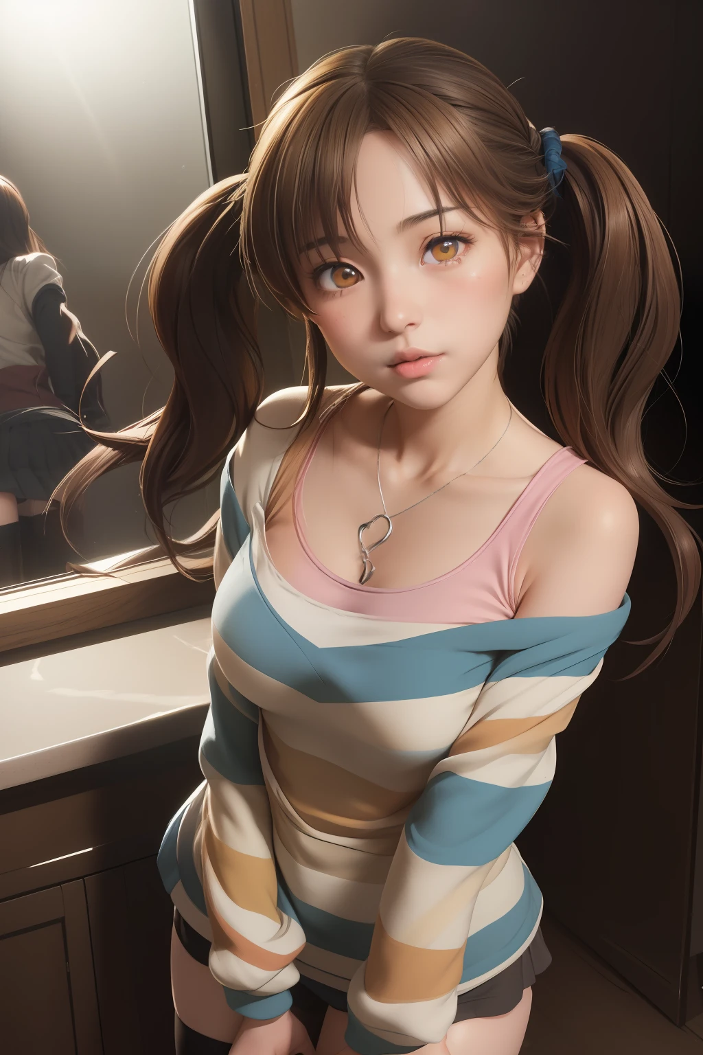 totoki airi, brown hair, brown eyes, twintails,striped shirt, thighhighs, jewelry, heart necklace, ((pretty face, skin indentation, eyes reflection, stunning eyes, rim lighting, skin shading, sub surface scattering)), (masterpiece, best quality, ray tracing, volumetric lighting, ssao shadows, detailed, intricate),((portrait)),