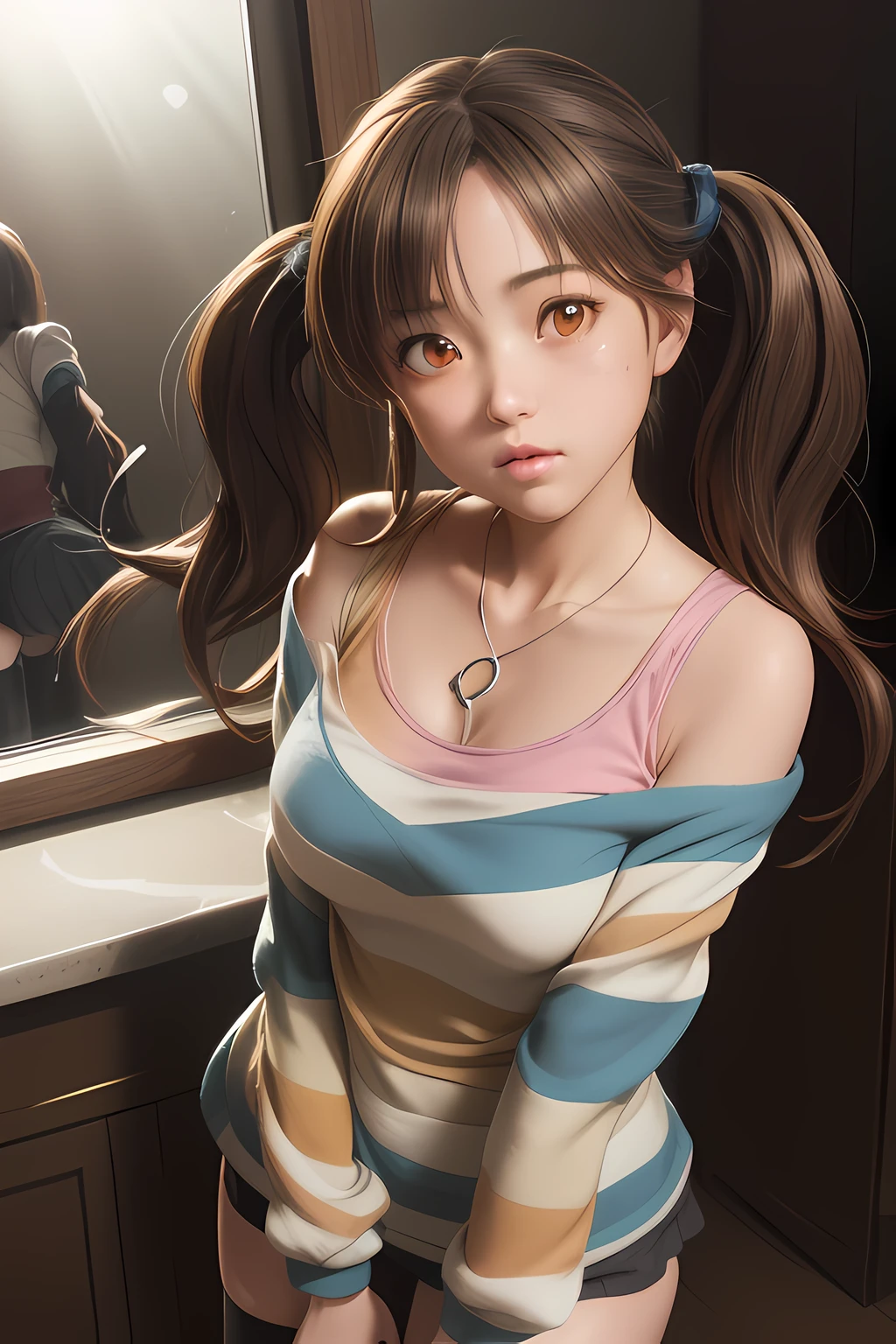 totoki airi, brown hair, brown eyes, twintails,striped shirt, thighhighs, jewelry, heart necklace, ((pretty face, skin indentation, eyes reflection, stunning eyes, rim lighting, skin shading, sub surface scattering)), (masterpiece, best quality, ray tracing, volumetric lighting, ssao shadows, detailed, intricate),((portrait)),