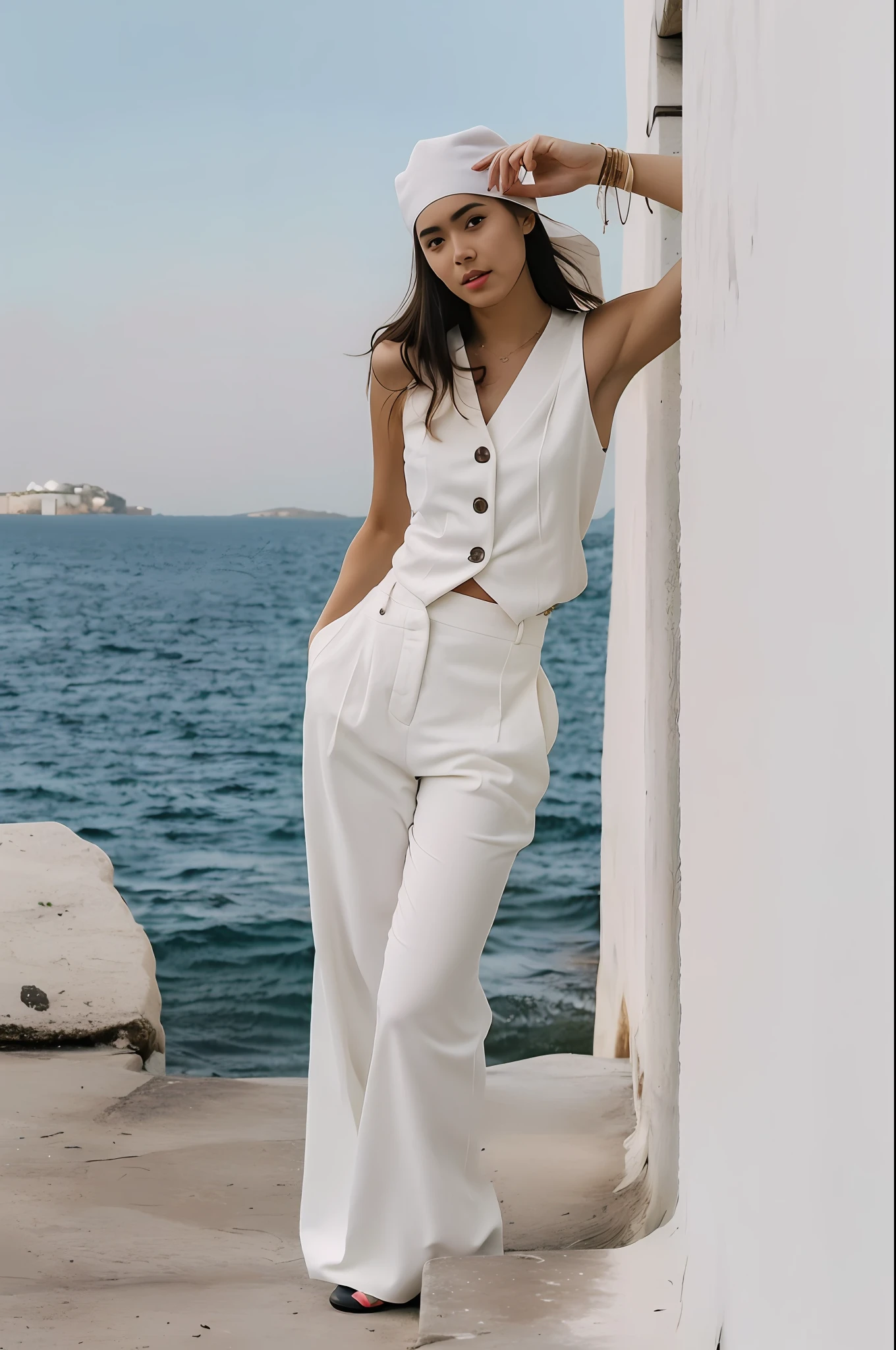 Arafed woman in white clothing leaning against a wall by the ocean, roupa branca, white pant, casual white garment, terno branco, roupas brancas da moda, roupas brancas, white clothing, vestindo terno branco, vestindo roupas brancas, roupas brancas da moda, em roupas brancas, colete branco, roupa branca de seda, tudo branco, tons brancos, energetic varia suit