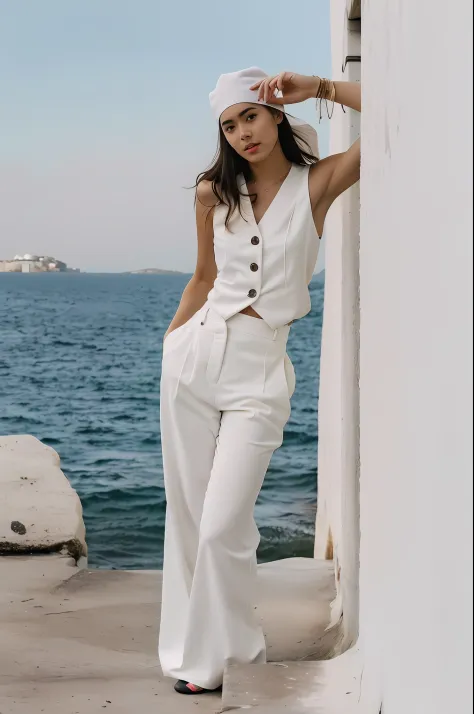 arafed woman in white clothing leaning against a wall by the ocean, roupa branca, white pant, casual white garment, terno branco...