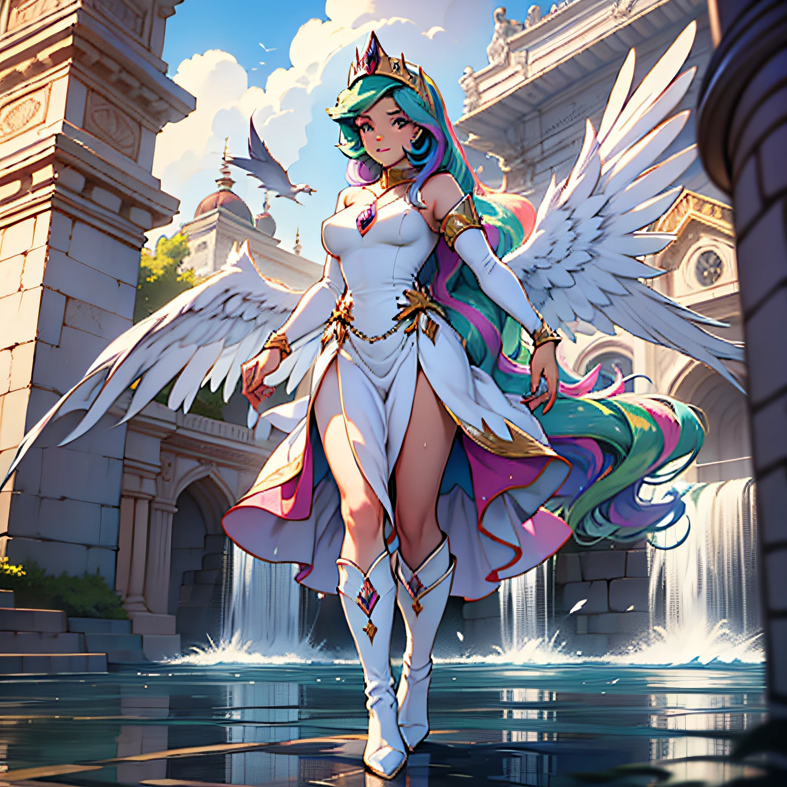 Celestial Man, Princess Celestia from my little pony, Princess Celestia in the form of a girl, Big breasts, crisp breasts, crisp breasts, Elastic breasts, You can see the whole body, shin, Heels, Feet, Five fingers, Detailed hands, There are daylight wings on the back, White feathers, Thin lace white dress, The clothes are wet, Translucent, Stand against the background of the palace, standing straight, White knee-length boots, Palace in the mountains,  The waterfall of the palace, dawn, White feathers flying, A palace in the distance