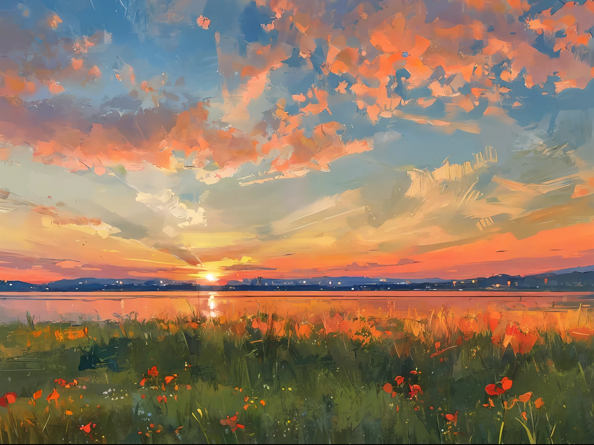 chef-d&#39;œuvre,meilleure qualité,Lycoris,champ de fleurs,profondeur de champ,crépuscule,ciel orange,coucher de soleil,briller,lac