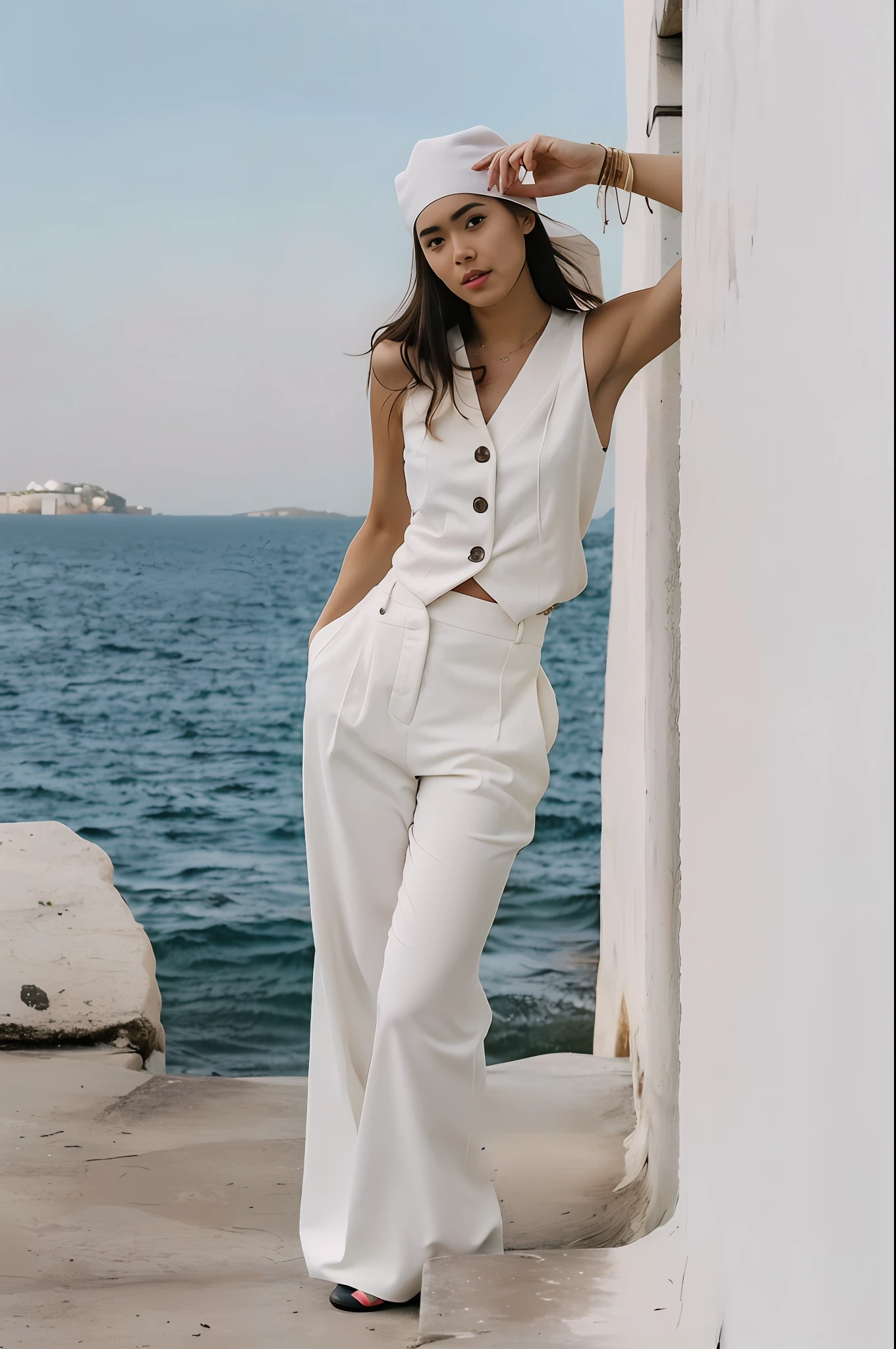 Arafed woman in white clothing leaning against a wall by the ocean, roupa branca, white pant, casual white garment, terno branco, roupas brancas da moda, roupas brancas, white clothing, vestindo terno branco, vestindo roupas brancas, roupas brancas da moda, em roupas brancas, colete branco, roupa branca de seda, tudo branco, tons brancos, energetic varia suit