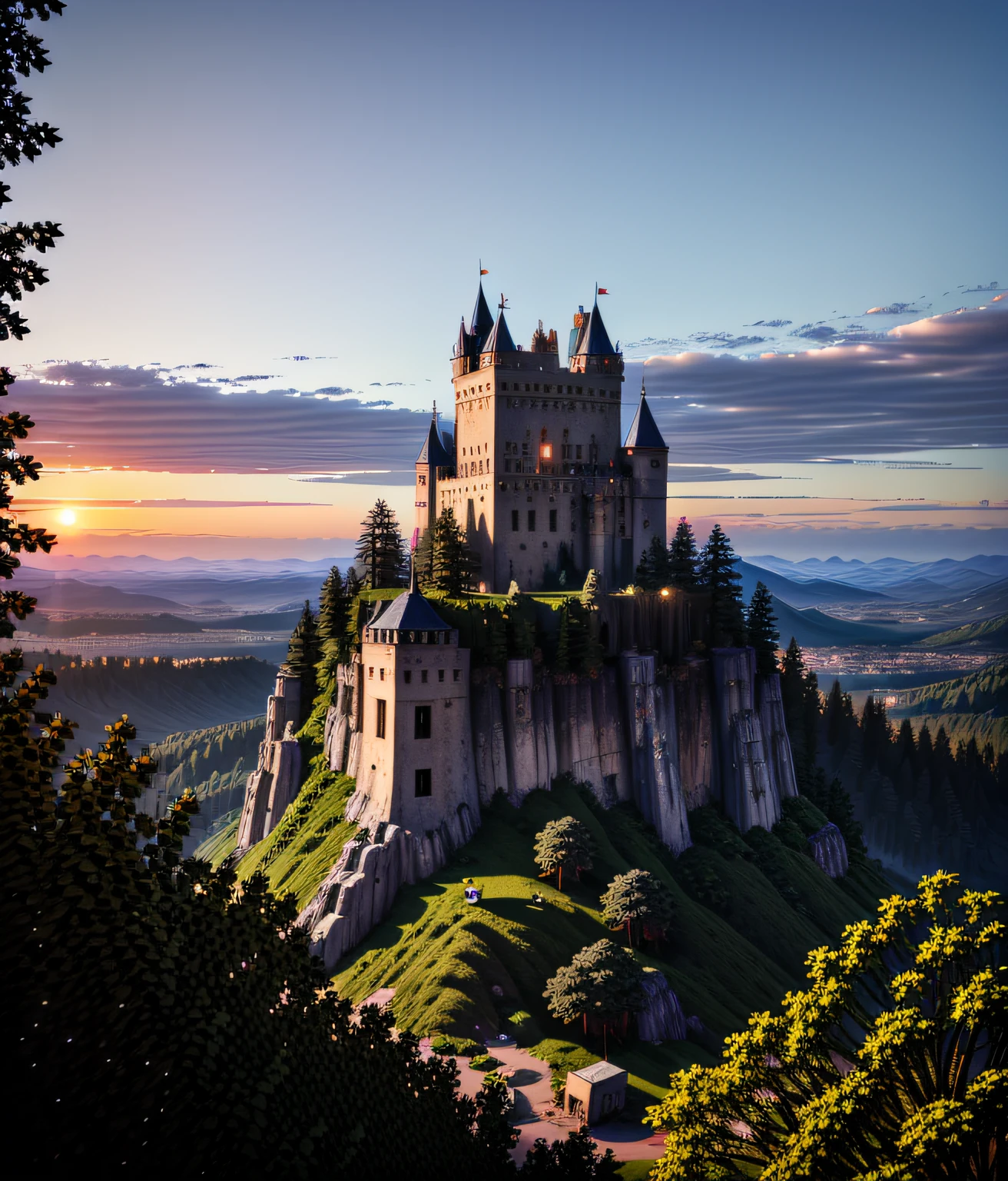 Steinerne Burg auf dem Gipfel des Berges mit Sonnenuntergang und Sonnenuntergang