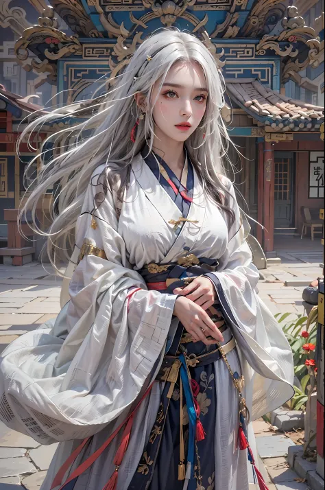 photorealistic, high resolution, 1women, solo, hips up, look at viewer, (detailed face), white hair, long hair, taoist robe,over...