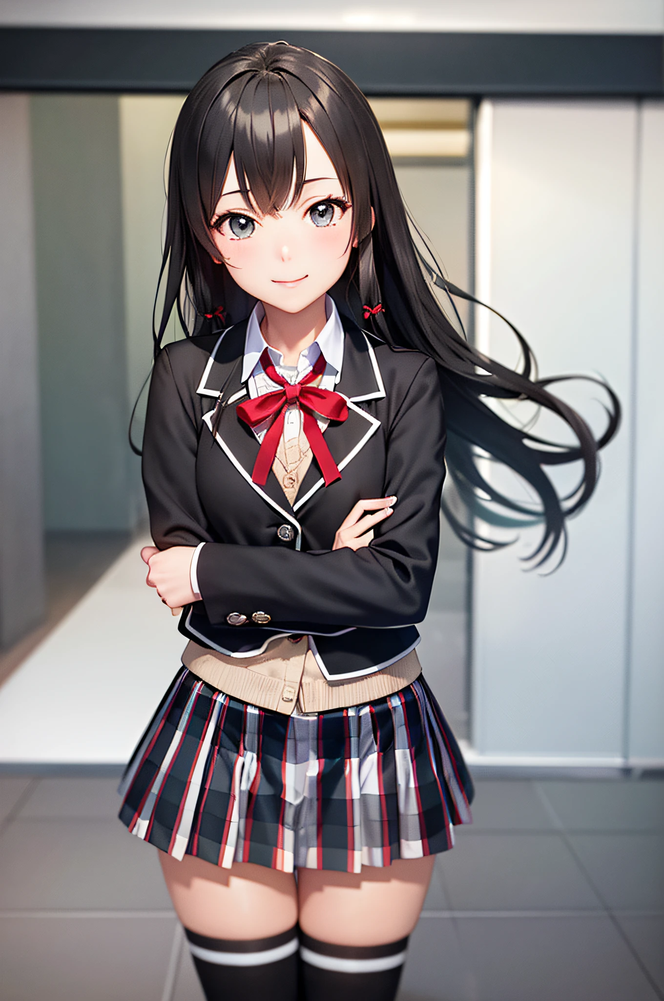 (masterpiece, best quality:1.2), cowboy shot, solo, 1girl, yukinoshita yukino, smile, closed mouth, looking at viewer, school uniform, black jacket, plaid skirt, thighhighs