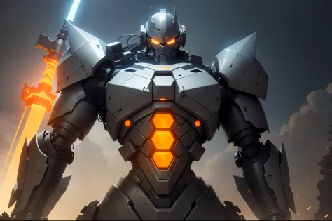 Huge silver-gray mech，Armed with a giant sword，The head has a V-shaped orange-yellow light-emitting device，There is an orange-yellow light-emitting device on the chest，It reflects the enormity of the mecha，It reflects the enormity of the sword
