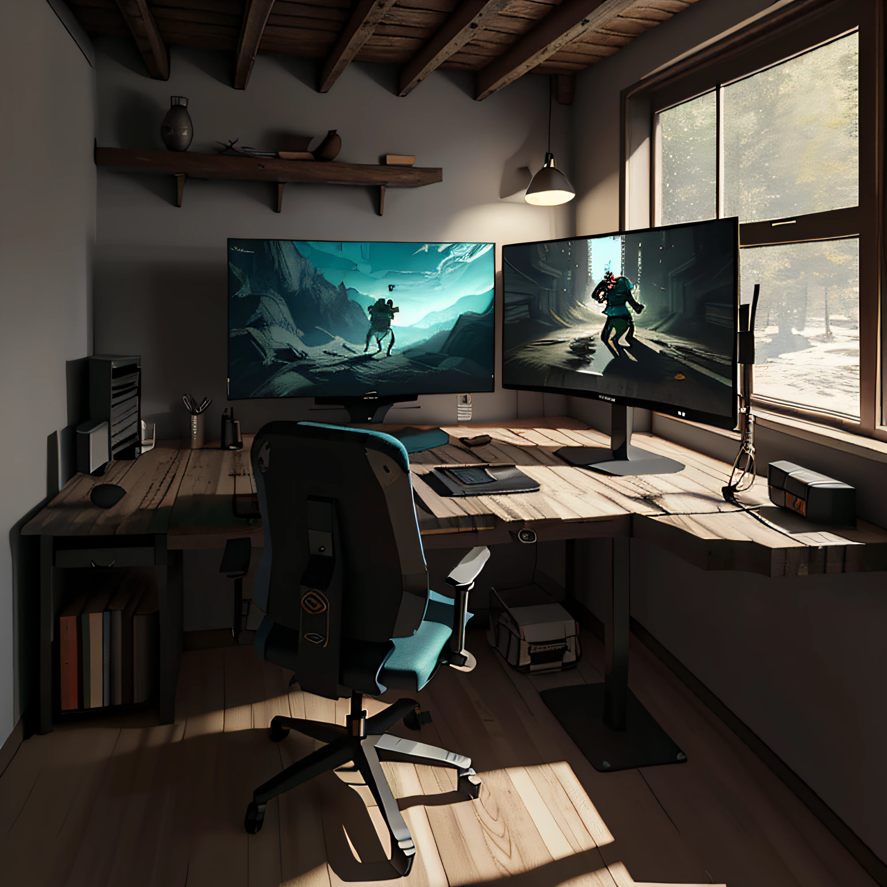 Uma sala de jogos com elegante, Rustic and minimalist design, with a high-tech multi-monitor gaming setup, RGB lighting that projects vibrant tones throughout the room, Ergonomic gaming chair with adjustable controls and state-of-the-art headset, Creating an immersive gaming experience, using advanced lighting techniques and materials to capture today's elegance and aesthetics, imagem ultra realista.