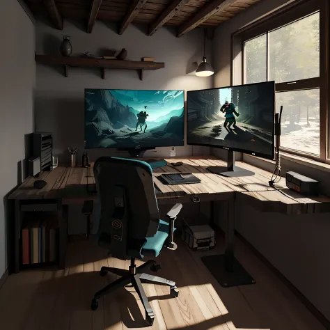 Uma sala de jogos com elegante, Rustic and minimalist design, with a high-tech multi-monitor gaming setup, RGB lighting that pro...