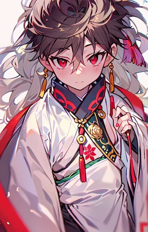 A boy in a white Hanfu holds a red scarf，Boy，There is a red flame pattern in the middle of the forehead，（There is a red glow in ...