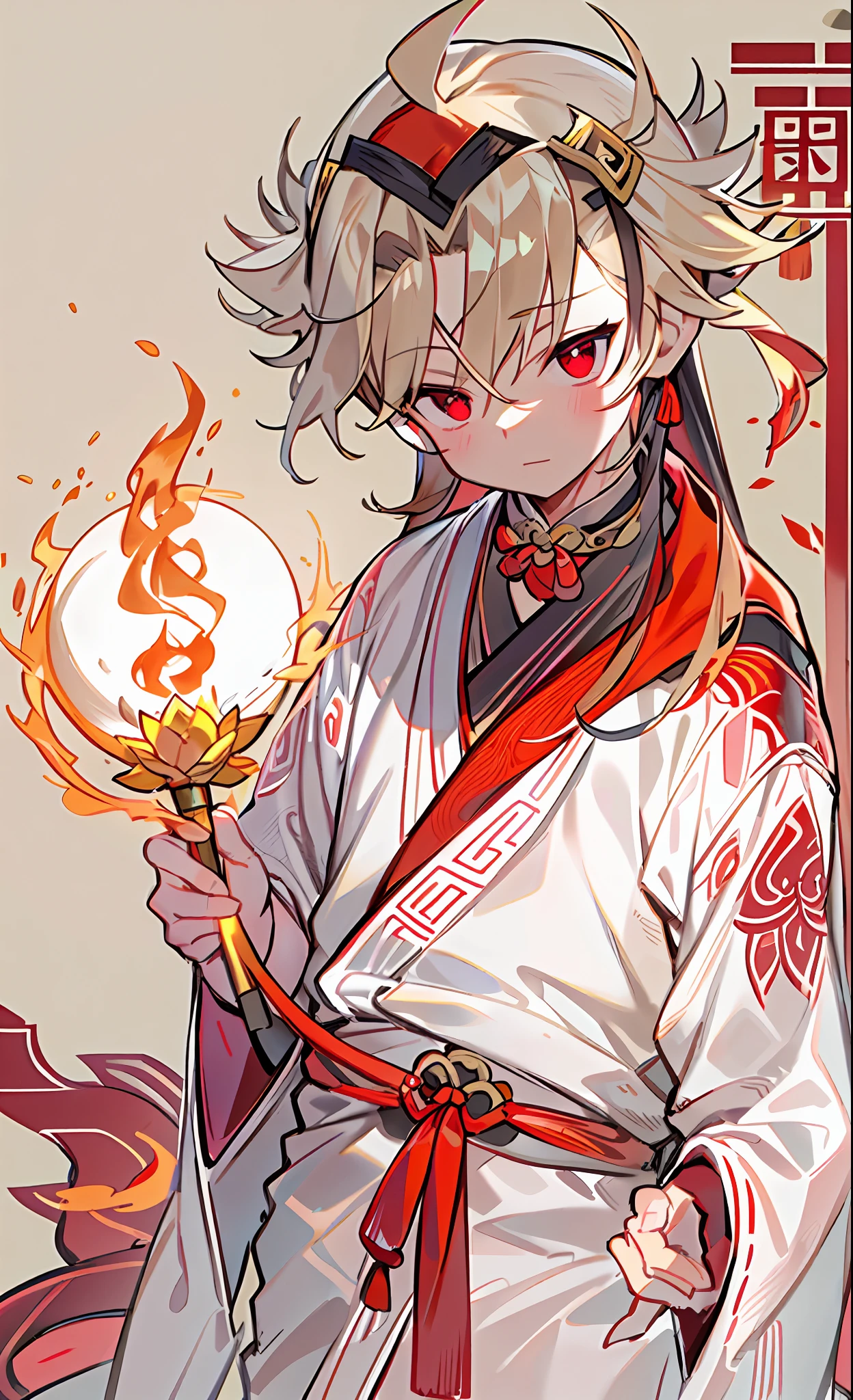 A boy in a white Hanfu holds a red scarf，Boy，There is a red flame pattern in the middle of the forehead，（There is a red glow in the corners of the eyes)，There are Chinese Taoist elements and Buddhist elements，nezha，There are no sleeves on the upper body, Leaks out half of the chest，（The bare ankles are tied with strips of red muslin cloth)，Lotus element，Lotus leaf element，，（shorter pants)，He has long hair on both sideburns，Two spherical hairs tied with red rope on the head，（Six-year-old boy)，（Boy)，full body shot shot，（Clothes leak out from behind)