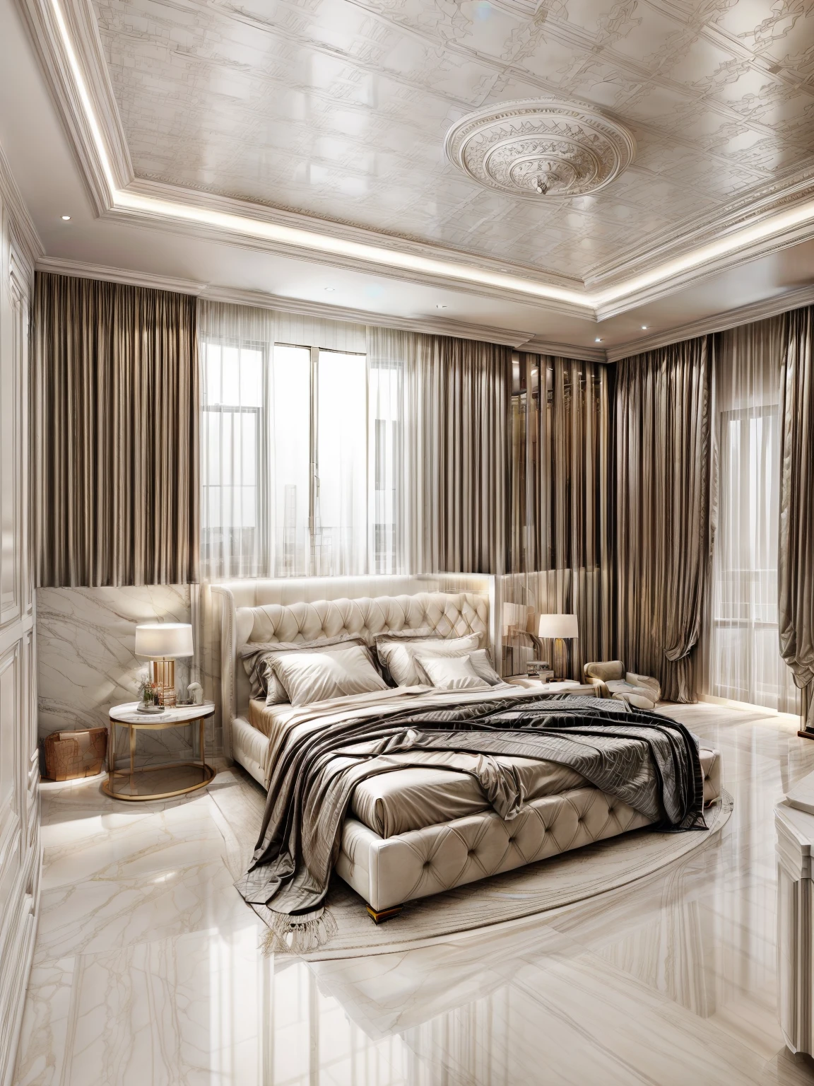 modern bedroom design, neoclassical style, image layout following the outline, 1 bed, 1 tab, 1 dressing table, 1 white curtain, 1 wall decoration, plaster ceiling flat white, (((light tone:1.3))