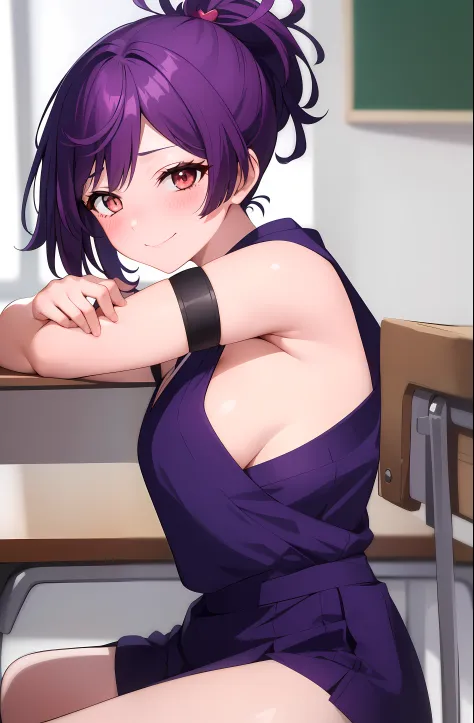 1girl solo breasts short hair bursting breasts purple eyes belt