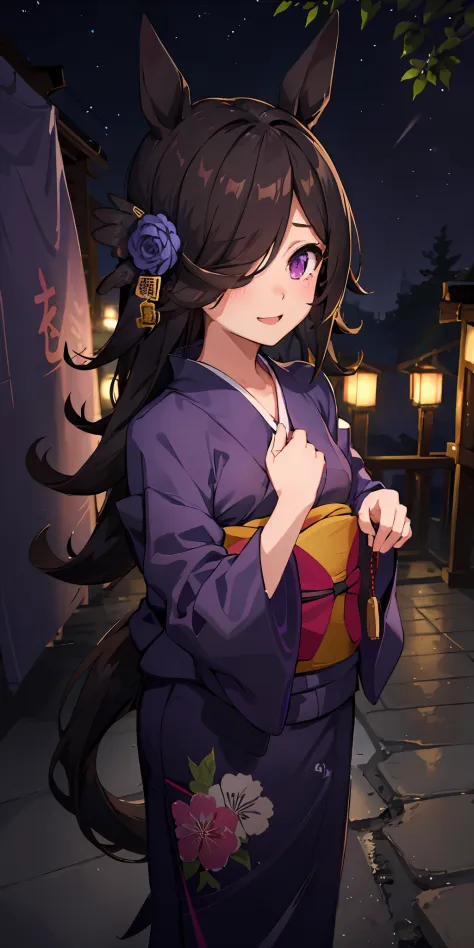 女の子1人、black hair(long)、purple eye、marl、hidden in the hair of one eye、japanese dress((yukata))portlate、side lights、wall-paper、nsf...