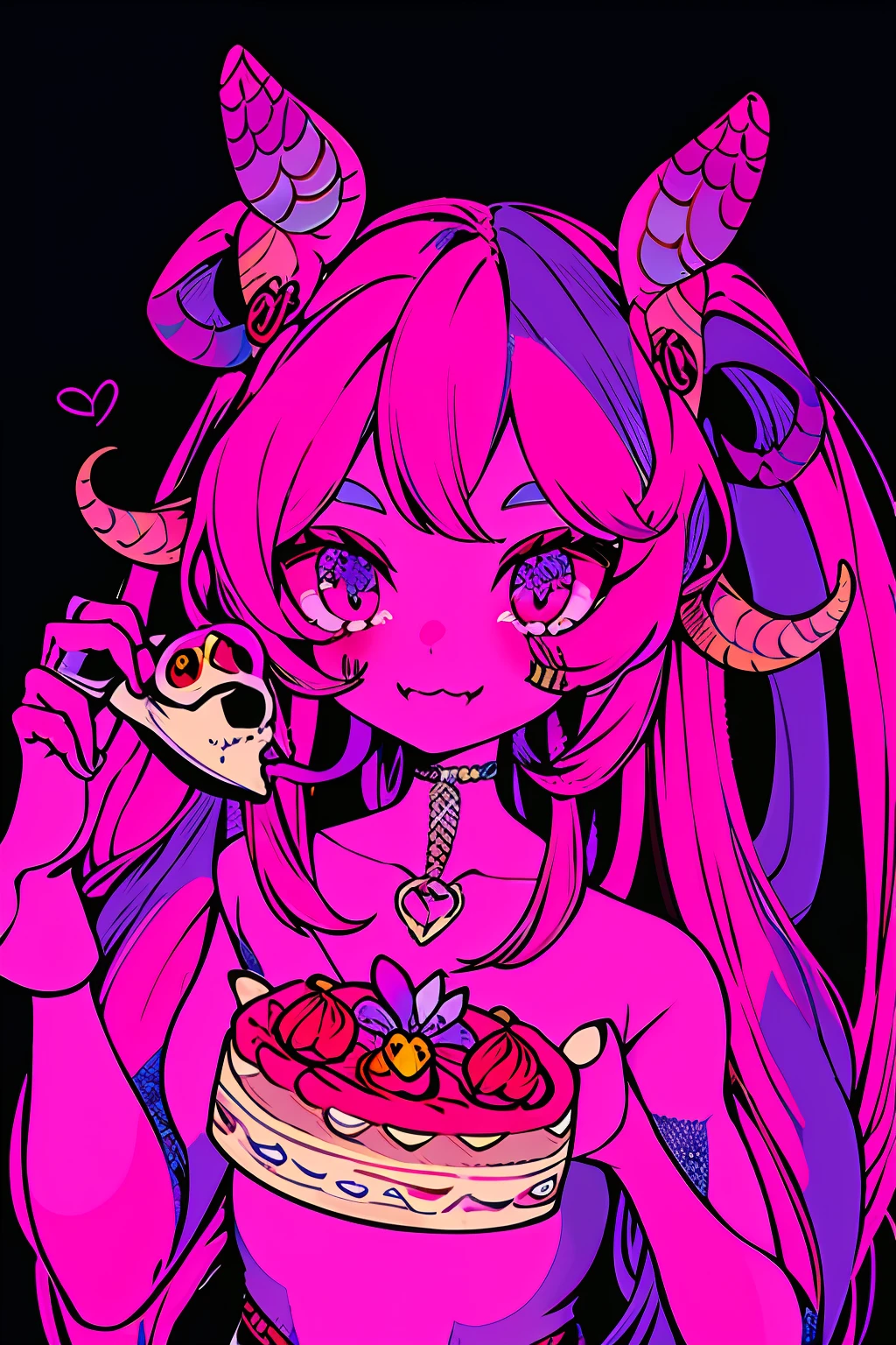 official art, unity 8k wallpaper, ultra detailed, beautiful and aesthetic, High quality, beautiful, masterpiece, best quality, (zentangle, mandala, tangle, entangle:0.6), flat color, limited palette, low contrast, a cute girl serving cake to demons, pink, bright pastel colors, kawaii, (horror), eerie, rabbit skull, goat skull, in hell, creepy, demons, claws, best lighting