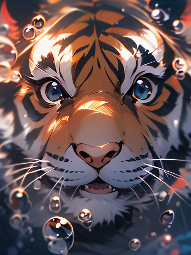 1隻可愛的老虎, 特寫臉, 肖像, 毛茸茸的, 無人, 在水裡, 海底, 游泳, 水泡, 氣泡, 更多細節, 飽和的顏色, 可愛的微笑, 最好的品質, 8K, 高飽和度