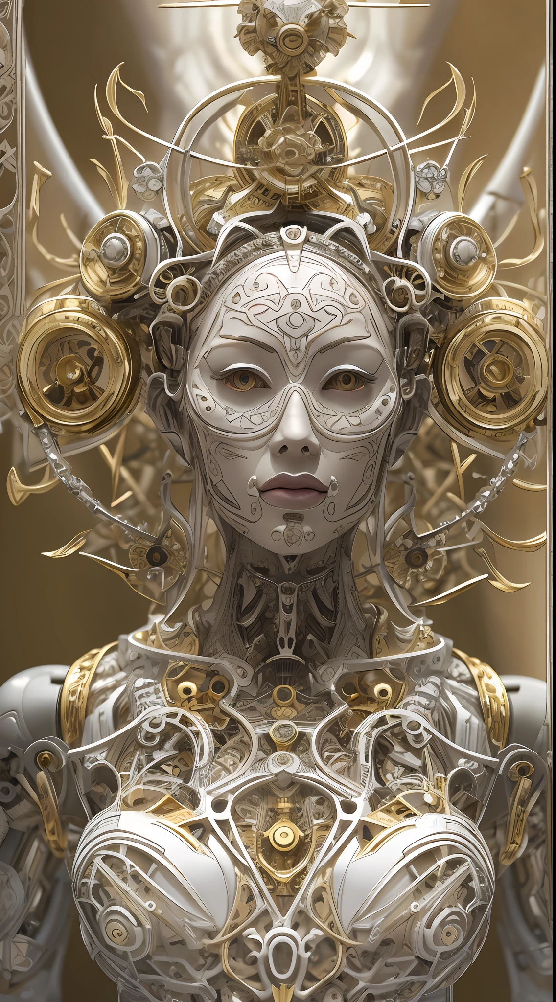 photore，sportrait，Complex 3D rendering of beautiful and charming biomechanical female robot，Has a porcelain finish、simulating、Beautiful natural light、rim-light、1 5 0 mm lens、an aztec warrior、feater、nipple piercing、Aztec tattoo、flor branca、Vanilla leaves and stems、Meandering roots、white blossoms、Fine-leaved lace、steampunc、Silver-gold filigree detailing、alexander mcqueen haute couture、Pearl earrings、Art Nouveau embroidery、Hexagonal network cable、Mandelbro fractal、face muscles、cable wires、micro Chip、ellegance、Beautiful natural light, Studio lights, rim-light, The is very detailed, ultra-realistic realism, Sharp, rendering by octane, HR Giger style, Volumetriclighting, 8 k post production, God floating on fire[The discovery of wormholes leads to a new world|The cursed prince must marry the Void]，[sci-fy：fanciful：0.6]cinmatic lighting，detailedbackground，at centre，Michael Bay style，insane detailed，k hd，concept-art，number art，with dynamism，（The most beautiful art in the world：1.2），（V0id3nergy：1.3）