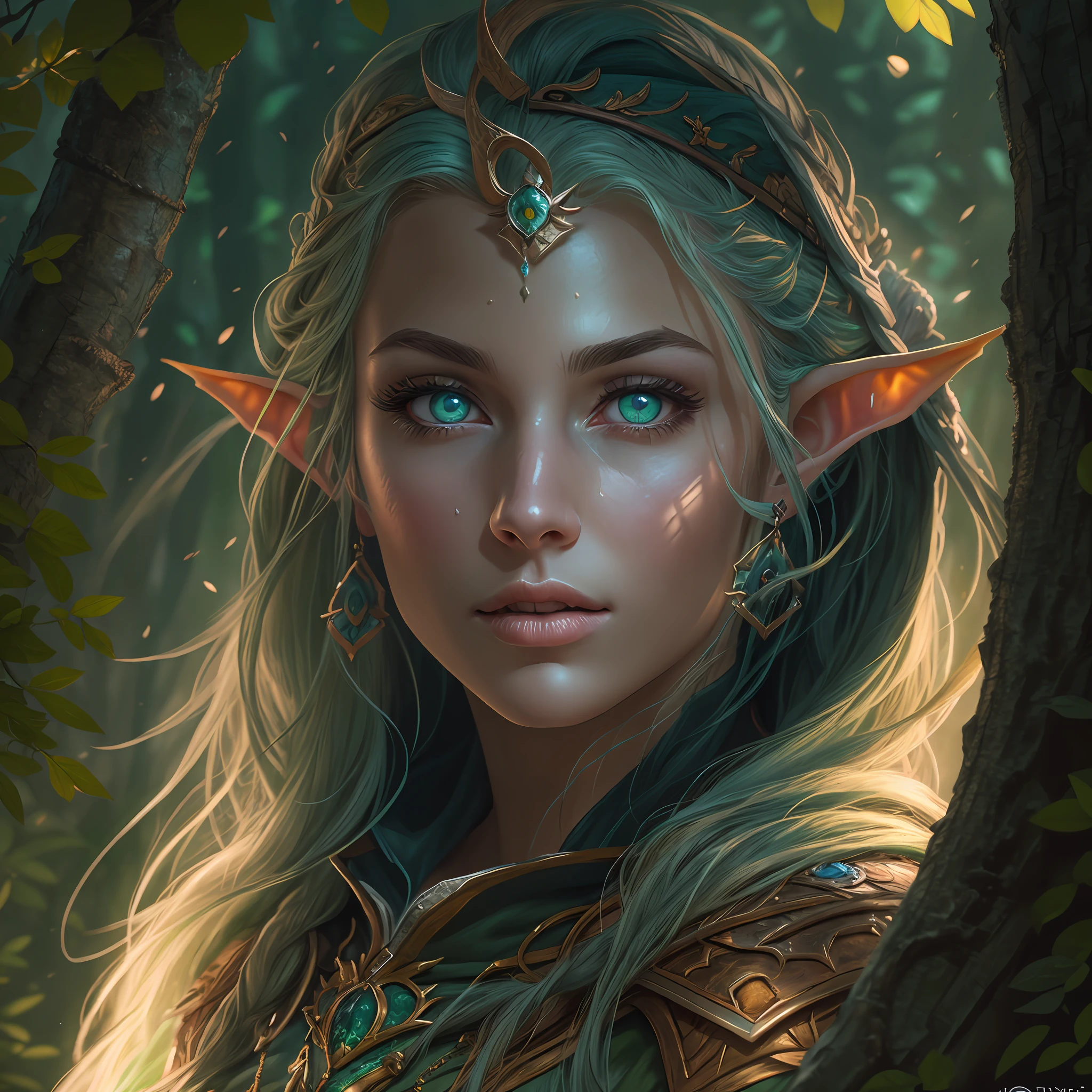 high details, best quality, 8k, [ultra detailed], masterpiece, best quality, (extremely detailed), ultra wide shot, photorealistic, fantasy art, dnd art, rpg art, realistic art, an ultra wide picture of female half elf  (intense details, Masterpiece, best details: 1.5) in druid grove casting a spell, yellow magical light (intense details, Masterpiece, best details: 1.5), wearing leather armor (intense details, Masterpiece, best details: 1.5), green cloak (intense details, Masterpiece, best details: 1.5), wearing high heeled boots, holy symbol, blue light from symbol, dynamic hair, intense eyes, small pointed ears, slightly pointed ears, green eyes, D&D female half elf (intense details, Masterpiece, best details: 1.5), beautiful half elf, beautiful face ( masterpiece, best details: 1.5) fantasy druid grove, water fall details, rich forest life details, rich forest animals, soft sun light, forest trees in the background, celestial background, ((divine worship atmosphere)), high details, best quality, highres, ultra wide angle