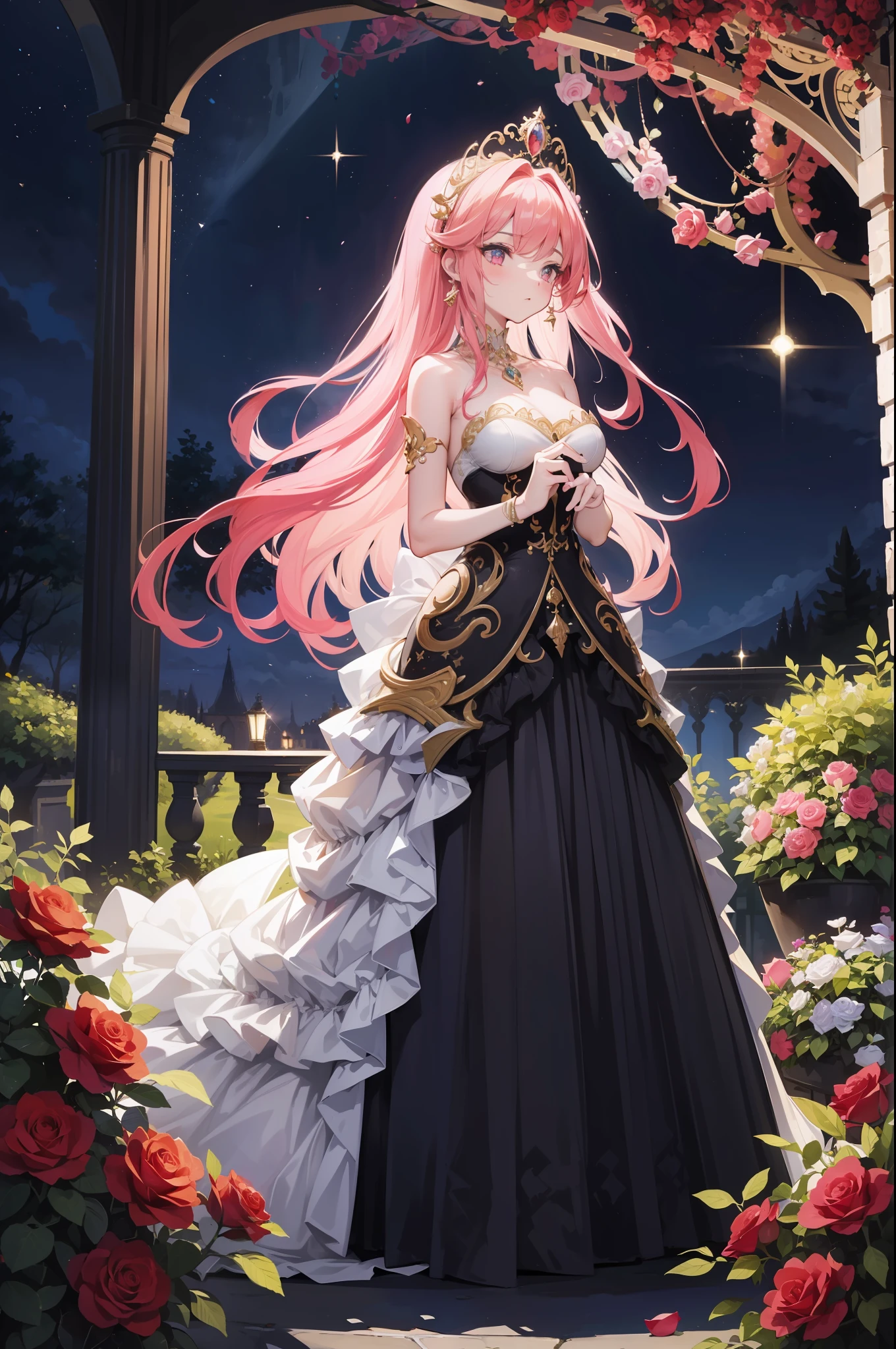 The most beautiful rose bush imaginable and an incredibly elegant young woman, magnificently coiffed, spectacularly made up and wearing a dazzlingly fabulous dress. In a dreamlike garden on a magical evening. (obra maestra) (mejor calidad)