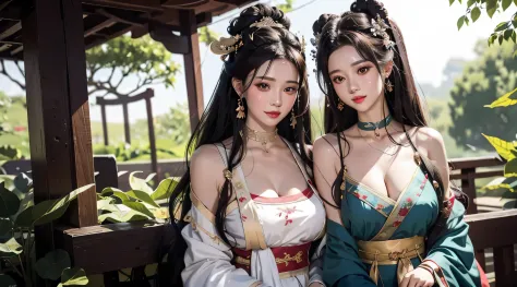 2females，huge breasts，brunette color hair，ssmile，（hanfu），hanfu，（open your clothes），redlip，耳nipple ring，florals，hair adornments，j...