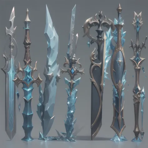 （Display stand，Far and near，Light blue floating edges）arma，Cold weapons，two - handed sword，Double-edged（blue colors，Bones，Ice crystals）