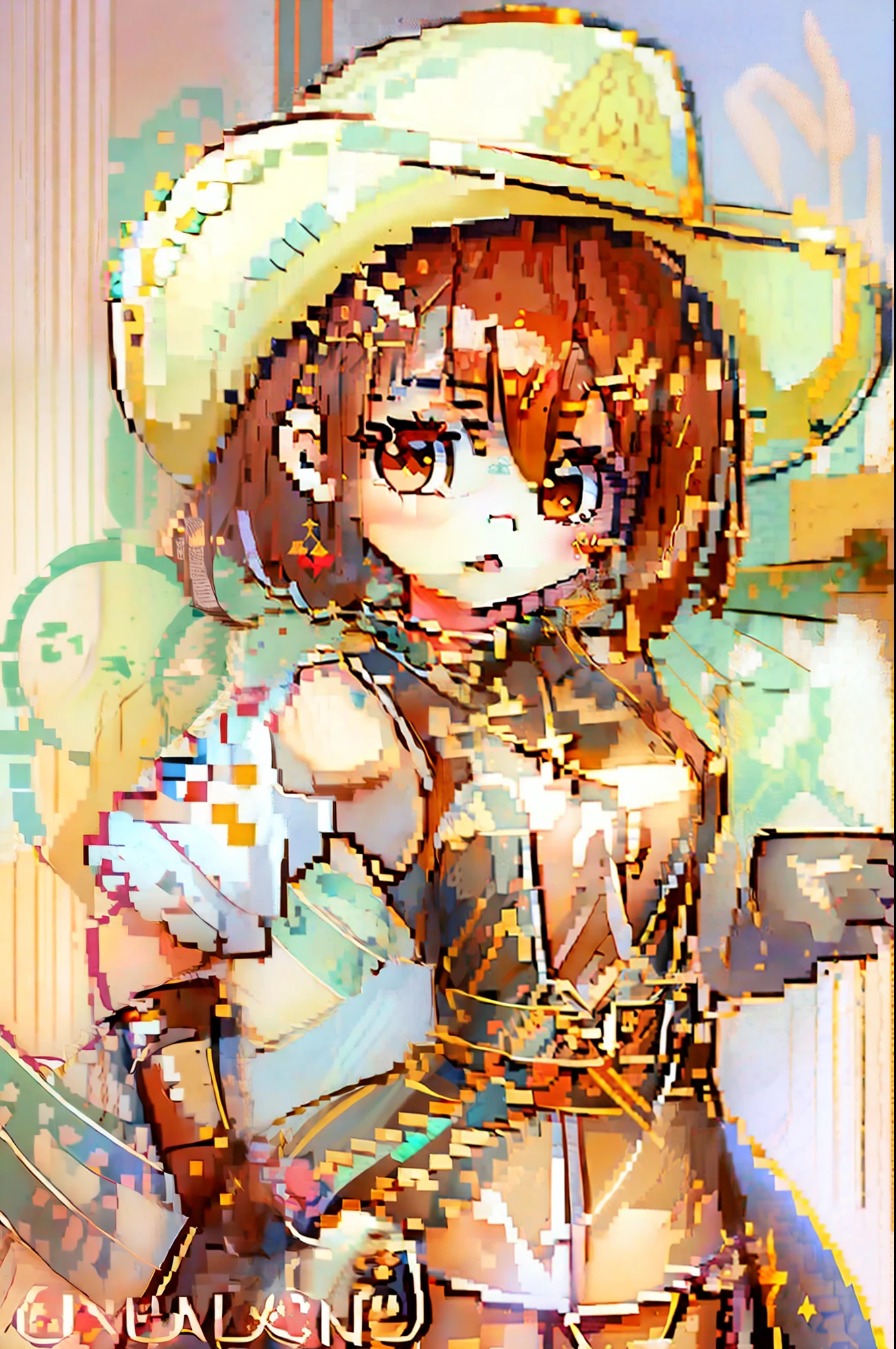 1girl, masterpiece, best quality, chibi, looking at viewer, cowboy shot, reisalin,  standing,brown hair, brown eyes, solo, hairclip, earrings, jewelry, short_hair, white_headwear, hat, hair_ornament, brown_gloves, necklace, x hair ornament, braid,