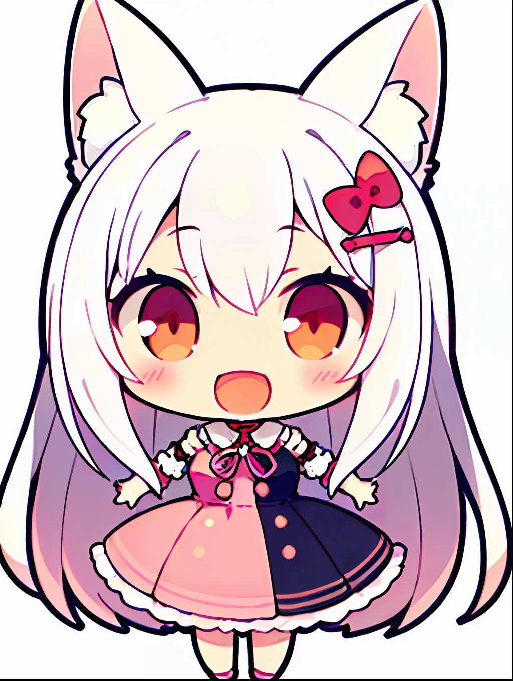 1girll, (chibi:1.3),(s whole body:1.5), ((Blank white background:1.5))
looking up at viewer, blushing, Smile, :D and, Open your mouth
(Pink one piece dress:1.2), ((white haired)), long  hair,  ((red pupil)), fox ears, fox tail, (A very large pink ribbon on the top of the head:1.2)
While watching the viewer,